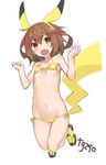  :o animal_ears bikini brown_eyes brown_hair clenched_hands cosplay fake_animal_ears fang flat_chest front-tie_bikini front-tie_top full_body gen_1_pokemon goekawa hair_ornament hairband hairclip ikazuchi_(kantai_collection) kantai_collection navel open_mouth pikachu pikachu_(cosplay) pokemon shoes side-tie_bikini simple_background sneakers solo swimsuit tail twitter_username white_background yellow_bikini 