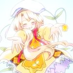  blonde_hair bow closed_eyes facing_viewer flower flower_knight_girl hat koko_(hm142533) long_hair orange_skirt red_bow sandersonia_(flower_knight_girl) skirt smile solo white_background white_hat 