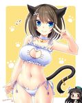  animal_ears bare_arms bare_shoulders beret black_hair blue_eyes breasts brown_hair cat_cutout cat_ears cat_lingerie cat_tail choukai_(kantai_collection) cleavage_cutout glasses hair_ornament hat kantai_collection large_breasts long_hair maya_(kantai_collection) meme_attire midriff multiple_girls red_eyes remodel_(kantai_collection) short_hair smile tail tamagawa_yukimaru translated twitter_username v x_hair_ornament 