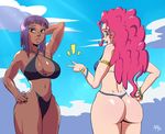  2girls armlet artist_request ass bikini blue_eyes blush bra bracelets breasts dark_skin dimples_of_venus expressionless fang fingernails from_behind gold huge_ass jewelry large_breasts long_fingernails long_hair looking_at_viewer looking_back maud_pie multiple_girls my_little_pony my_little_pony_friendship_is_magic open_mouth personification pink_hair pinkie_pie purple_hair sharp_fingernails shiny shiny_hair shiny_skin siblings sideboob sisters smile swimsuit thong thong_bikini 