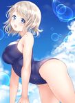  arms_at_sides bare_arms bare_legs bare_shoulders blue_eyes blue_swimsuit breasts cloud cloudy_sky day from_side gorua_(youce01) hair_between_eyes large_breasts light_brown_hair light_particles looking_at_viewer love_live! love_live!_sunshine!! md5_mismatch one-piece_swimsuit open_mouth short_hair sky solo swimsuit thighs watanabe_you wet 
