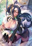  ahri animal_ears black_hair blush breasts brown_eyes cian_yo cleavage fox_ears glasses highres jewelry lace lace-trimmed_thighhighs large_breasts league_of_legends lips long_hair miniskirt nipple_slip nipples office_lady parted_lips ponytail pussy_juice ring skirt solo thighhighs 