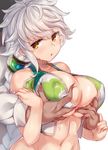  1girl :o bare_shoulders blush braid breast_grab breasts choker collarbone grabbing grabbing_from_behind hair_ornament hetero jitome kantai_collection large_breasts long_hair looking_to_the_side navel silver_hair simple_background single_braid skindentation solo_focus unryuu_(kantai_collection) upper_body wet white_background yamaarashi yellow_eyes 