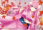  akahitoha_(vocaloid) autumn_leaves blue_eyes blue_nails blurry checkered closed_mouth dutch_angle ichiyou_moka japanese_clothes kimono long_hair long_sleeves megurine_luka nail_polish pink_hair project_diva_(series) project_diva_x solo vocaloid wide_sleeves 