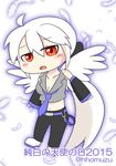  angel_wings bare_shoulders breasts chibi cleavage comic commentary_request detached_sleeves headphones highres homuzu large_breasts long_hair looking_at_viewer midriff necktie open_mouth ponytail red_eyes silent_comic silver_hair very_long_hair vocaloid voyakiloid wings yowane_haku 