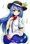  black_hat blue_dress blue_hair blush bow bowtie commentary_request cowboy_shot dress dress_shirt food frills fruit hat heart highres hinanawi_tenshi leaf long_hair looking_at_viewer lovestruck peach puffy_short_sleeves puffy_sleeves rainbow_gradient rainbow_order red_bow red_eyes red_neckwear shirt short_sleeves smile solo touhou very_long_hair white_shirt wing_collar yuhito_(ablbex) 