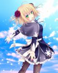  bad_id bad_pixiv_id black_legwear blonde_hair blue blue_skirt bow cloud cowboy_shot flower_knight_girl green_eyes hair_ornament looking_at_viewer looking_back mikoto_(mikoto_r_a) outstretched_arms pantyhose shawl short_hair skirt sky smile snowdrop_(flower_knight_girl) solo spread_arms white_bow 
