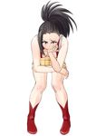  black_hair boku_no_hero_academia boots breasts cleavage easy_(aqk7bdqt) hand_on_own_cheek legs long_hair medium_breasts ponytail red_footwear simple_background solo thighs white_background yaoyorozu_momo 