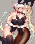  animal_ears blonde_hair blue_eyes blush breasts bunny_ears bunny_girl bunny_tail bunnysuit diamond_(symbol) elphelt_valentine embarrassed flower green_eyes guilty_gear guilty_gear_xrd heart large_breasts long_hair millia_rage multiple_girls open_mouth oro_(sumakaita) pantyhose ribbon short_hair smile tail thighhighs white_hair wrist_cuffs 