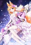  1girl :d animal_ears breasts bridal_veil brown_hair cleavage dress elbow_gloves fatkewell flower fox_ears fox_tail garter_straps gloves hair_flower hair_ornament halterneck highres lace lace-trimmed_thighhighs legs open_mouth purple_eyes rika_eastre rose smile tagme tail thighhighs veil wedding_dress white_gloves white_legwear 