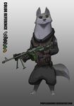  2016 anthro canine clothed clothing fur gradient_background grey_fur gun male mammal purpleground02 ranged_weapon simple_background solo weapon wolf yellow_eyes 