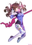  animal_print bangs bodysuit boots bracer breasts brown_eyes brown_hair bubble_blowing bunny_print character_name chewing_gum covered_navel d.va_(overwatch) emblem facepaint facial_mark floating_hair gloves hanato_(seonoaiko) hands_up headphones logo long_hair long_sleeves looking_at_viewer medium_breasts midair overwatch pauldrons pilot_suit pointing pointing_up ribbed_bodysuit shoulder_pads simple_background skin_tight solo thigh_boots thigh_strap thighhighs turtleneck twitter_username whisker_markings white_background white_footwear white_gloves white_legwear 