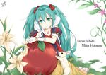  apple aqua_eyes aqua_hair bunny character_name copyright_name cosplay flower food fruit gloves hatsune_miku highres hoshimiya_mashiro jewelry long_hair looking_at_viewer necklace snow_white snow_white_(cosplay) snow_white_and_the_seven_dwarfs twintails vocaloid white_gloves 