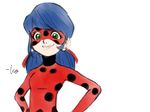  bodysuit commentary domino_mask earrings green_eyes jewelry ladybug_(character) long_hair marinette_dupain-cheng mask miraculous_ladybug polka_dot simple_background solo superhero takeuchi_kou twintails upper_body white_background 