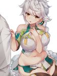  1girl admiral_(kantai_collection) asymmetrical_hair bare_shoulders between_breasts braid breasts cleavage_cutout cloud_print crop_top from_above hair_ornament hand_between_breasts height_difference jitome kantai_collection large_breasts light_smile long_hair looking_at_another midriff remodel_(kantai_collection) silver_hair single_braid sitting thighhighs unryuu_(kantai_collection) very_long_hair yamaarashi yellow_eyes zettai_ryouiki 