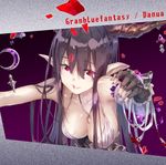  black_hair breasts danua draph elf gem gloves granblue_fantasy horns jewelry large_breasts necklace pointy_ears red_eyes solo yuugen 