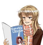  blonde_hair book_focus brown_eyes coppelion danger_5 dog grin magazine ozu_kanon parody reading scarf smile solo twrlare upper_body white_background 