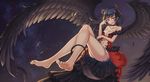  absurdres bangs bare_legs bare_shoulders barefoot black_wings blue_hair blurry breasts center_opening choker cleavage collarbone crossed_legs demon_horns demon_tail depth_of_field dress error feathered_wings feathers flying full_body hair_bun highres horns kohaku_(ambermoe) legs long_hair looking_at_viewer love_live! love_live!_sunshine!! medium_breasts navel night night_sky no_bra parted_lips purple_eyes red_dress sky smile solo spread_wings star_(sky) starry_sky strapless strapless_dress tail tsushima_yoshiko v_over_eye wings wrong_feet 