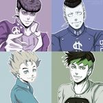  7repose anger_vein black_hair blonde_hair blue_eyes blue_hair earrings facial_mark gakuran green_eyes grin hairband heart higashikata_jousuke highres hirose_kouichi jewelry jojo_no_kimyou_na_bouken kishibe_rohan male_focus multicolored_hair multiple_boys nijimura_okuyasu outline peace_symbol pointing pompadour purple_hair school_uniform signature smile stud_earrings two-tone_hair watermark web_address zipper 