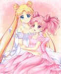  absurdres bare_shoulders bishoujo_senshi_sailor_moon blonde_hair blue_eyes bow breasts chibi_usa cleavage collarbone crescent double_bun dress facial_mark forehead_mark frills highres huge_bow jewelry long_hair looking_at_viewer medium_breasts multiple_girls necklace pearl_necklace pink_background pink_bow pink_dress pink_eyes pink_hair princess_serenity shirato_sayuri short_hair small_lady_serenity smile strapless strapless_dress tsukino_usagi twintails white_bow white_dress 