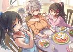  4girls adjusting_hair admiral_(kantai_collection) alternate_costume alternate_hairstyle amagi_(kantai_collection) bad_anatomy bare_arms bare_shoulders black_hair blue_dress blue_eyes blurry braid braiding_hair breasts brown_eyes brown_hair chopsticks cleavage collarbone contemporary depth_of_field dress eating egg faceless faceless_male feeding flower fried_egg from_above hair_between_eyes hair_flower hair_ornament hairclip hairdressing hat hood hooded_jacket indoors jacket jitome kantai_collection katsuragi_(kantai_collection) knife large_breasts long_hair looking_at_another looking_at_viewer mole mole_under_eye multiple_girls peaked_cap peeking_out pink_sweater ponytail scrunchie shimakaze_(kantai_collection) short_dress silver_hair single_braid sitting sitting_on_floor sleepy small_breasts sunny_side_up_egg sweater table tying_hair unryuu_(kantai_collection) very_long_hair window yamaarashi yellow_jacket 