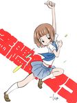  :p blue_skirt bob_cut brown_eyes brown_hair commentary kill_la_kill loafers looking_at_viewer mankanshoku_mako pleated_skirt running school_uniform serafuku shoes signature simple_background skirt solo stomach takeuchi_kou text_focus tongue tongue_out white_background white_legwear 