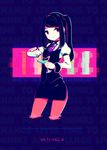  allen_(makaroll) bangs bartender black_hair cocktail cocktail_glass cropped_legs cup digital_dissolve drinking_glass glitch julianne_stingray looking_away pantyhose pencil_skirt ponytail shaker skirt solo swept_bangs text_focus uniform va-11_hall-a 