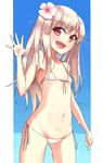  :d bad_id bad_pixiv_id bikini breasts fate/kaleid_liner_prisma_illya fate_(series) flower hair_flower hair_ornament highres illyasviel_von_einzbern long_hair mitsukichi navel open_mouth red_eyes side-tie_bikini small_breasts smile solo swimsuit wet white_bikini white_hair 