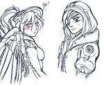  ana_(overwatch) blush braid breasts comic english eyepatch facial_tattoo high_ponytail hood long_hair looking_at_viewer looking_to_the_side mechanical_halo mechanical_wings mercy_(overwatch) monochrome multiple_girls murasaki-yuri old_woman overwatch parted_lips simple_background sketch small_breasts spot_color tattoo upper_body white_background wings 