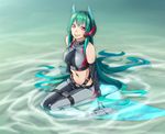  bare_shoulders black_gloves borrowed_character breasts elbow_gloves gloves green_hair headgear large_breasts long_hair looking_at_viewer menou_kaname mermaid monster_girl navel nawoto_oota original purple_eyes sleeveless smile solo very_long_hair 