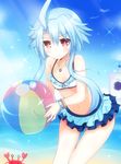  ahoge bare_shoulders beach bikini blue_hair blush breasts looking_at_viewer neptune_(series) power_symbol red_eyes shironeko_haru short_hair_with_long_locks sidelocks small_breasts solo swimsuit symbol-shaped_pupils white_heart 