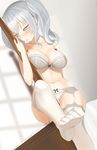  bangs bed blurry blush bow bow_bra bow_panties bra breasts cleavage collarbone depth_of_field dutch_angle embarrassed eyebrows eyebrows_visible_through_hair feet garter_belt grey_hair hair_between_eyes highres hip_bones holding indoors kantai_collection kashima_(kantai_collection) lace lace-trimmed_thighhighs lace_bra large_breasts leg_up long_hair looking_away navel no_shoes on_bed panties shiny shiny_skin sidelocks silver_eyes silver_hair sitting soles solo stomach thighhighs throtem toes twintails underwear underwear_only white_panties 