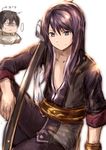  black_hair granblue_fantasy grey_eyes highres katana long_hair multiple_boys namesake sitting sketch smile sukemyon sword tales_of_(series) tales_of_vesperia weapon yuri_(granblue_fantasy) yuri_lowell 