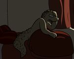  2016 aliasing anthro bed curtains digital_media_(artwork) inside lizard male nude open_mouth pillow reptile scalie simple_background sitting solo tired trout_(artist) trout_(character) 