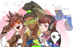  2girls :d apron bodysuit bomber_jacket brown_eyes brown_gloves brown_hair brown_jacket d.va_(overwatch) dark_skin dark_skinned_male english face_mask fur_trim gloves goggles hairlocs headphones heart heart_hands heart_hands_duo high_ponytail holding jacket ladle leather leather_jacket long_hair long_sleeves looking_at_viewer lucio_(overwatch) mask multiple_boys multiple_girls open_mouth overwatch pauldrons red_gloves ribbed_bodysuit salute scar short_hair shoulder_pads sleeves_rolled_up smile soldier:_76_(overwatch) spiked_hair spoken_heart tracer_(overwatch) vambraces visor vivayashi white_gloves white_hair 
