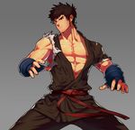  belt brown_eyes dougi dungeon_and_fighter facial_hair fighting_stance grappler_(dungeon_and_fighter) grey_background lvlv male_fighter_(dungeon_and_fighter) male_focus manly solo stubble torn_clothes uniform 