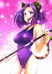 :d alternate_costume alternate_headwear animal_ears ass_visible_through_thighs bare_shoulders blush breasts cat_ears cat_tail commentary cowboy_shot english_commentary fake_animal_ears hair_intakes kantai_collection looking_at_viewer makumaxu medium_breasts open_mouth purple_eyes purple_hair purple_swimsuit short_hair smile solo stick swimsuit tail tatsuta_(kantai_collection) v-shaped_eyebrows 