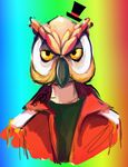  2016 avian beak bird clothed clothing digital_media_(artwork) gradient_background hat human looking_at_viewer male mammal owl simple_background solo susana vanoss yellow_eyes 