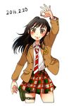  2016 black_hair blazer brown_eyes coppelion countdown cowboy_shot dated holster ikarimame jacket light_smile long_hair looking_at_viewer miniskirt naruse_ibara necktie ok_sign plaid plaid_skirt pleated_skirt school_uniform skirt solo striped striped_neckwear thigh_holster white_background 