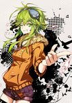  ;) belt breasts cowboy_shot fur_trim goggles goggles_on_head green_eyes green_hair grin gumi hand_in_pocket hong_(white_spider) jacket jinsei_reset_button_(vocaloid) looking_at_viewer medium_breasts one_eye_closed parted_lips pointing pointing_at_viewer short_hair_with_long_locks short_shorts shorts sidelocks smile solo vocaloid yellow_jacket 