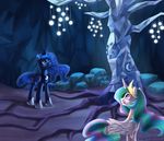  blue_eyes blue_feathers blue_fur blue_hair chryseum detailed_background duo equine feathered_wings feathers female feral friendship_is_magic fur hair hooves horn horse mammal multicolored_hair my_little_pony pink_eyes pony princess_celestia_(mlp) princess_luna_(mlp) sibling sisters standing tree underground white_feathers white_fur winged_unicorn wings 