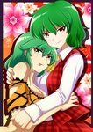  &gt;:) :p ascot bare_shoulders breasts cleavage color_connection commentary crop_top crossover floral_background green_hair hair_color_connection highres hikage_(senran_kagura) hug kazami_yuuka long_sleeves look-alike looking_at_viewer makumaxu medium_breasts multiple_girls off-shoulder_shirt open_clothes open_vest plaid plaid_skirt plaid_vest red_eyes senran_kagura shirt short_hair short_sleeves skirt smile tongue tongue_out torn_clothes torn_shirt touhou trait_connection upper_body v-shaped_eyebrows vest white_shirt yellow_eyes yellow_shirt 