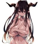  antenna_hair black_hair breasts closed_mouth collarbone covering covering_breasts danua draph eyebrows eyebrows_visible_through_hair granblue_fantasy hair_between_eyes horns huge_breasts long_hair looking_at_viewer navel nude pointy_ears red_eyes redcomet simple_background smile solo stomach very_long_hair white_background 