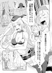  1boy 2girls abukuma_(kantai_collection) alcohol beer bikini_top boots braid breasts choker commentary_request double_bun drink feet_out_of_frame gambier_bay_(kantai_collection) greyscale hair_rings hairband hat highres kantai_collection large_breasts long_hair looking_at_viewer monochrome multiple_girls navel negahami open_mouth santa_hat shorts sparkle_background star star_print thighhighs translation_request twin_braids 