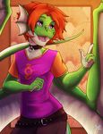  2016 anthro belt caltsar collar cute dragon front_view girly green_scales hair happy kaylii looking_away male multicolored_scales open_mouth orange_hair pink_shirt pinup portrait pose purple_eyes scales scalie slim smile solo three-quarter_portrait two_tone_scales white_scales wings 