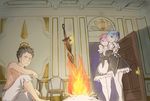  2girls bare_chest black_hair blue_eyes blue_hair bone bonfire brown_eyes commentary dark_souls detached_sleeves english_commentary fire hair_ornament hair_over_one_eye hands_clasped highres maid multiple_girls natsuki_subaru own_hands_together pantyhose parody ram_(re:zero) re:zero_kara_hajimeru_isekai_seikatsu rem_(re:zero) short_hair siblings sisters sitting souls_(from_software) sword twins viperxtr weapon x_hair_ornament 