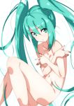  :/ breasts closed_mouth collarbone covering covering_breasts crossed_arms domo1220 green_eyes green_hair hair_between_eyes hatsune_miku long_hair looking_at_viewer navel nude sketch small_breasts solo twintails very_long_hair vocaloid white_background 