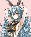  :o absurdres animal_ears armpits arms_up blue_hair blush breasts dora_v_nu dress erune ferry_(granblue_fantasy) granblue_fantasy highres jewelry long_hair medium_breasts open_mouth pink_background sideboob simple_background single_earring solo wavy_hair yellow_eyes 