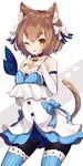  ;p animal_ears black_legwear blue_bow bow breasts brown_hair cat_ears cat_tail collar detached_sleeves dress eyebrows eyebrows_visible_through_hair felix_argyle hair_bow hands_on_own_chest heart highres long_sleeves looking_at_viewer one_eye_closed otoko_no_ko own_hands_together pantyhose puffy_chest re:zero_kara_hajimeru_isekai_seikatsu sakofu small_breasts solo standing striped striped_bow striped_legwear tail thick_eyebrows tongue tongue_out white_bow 