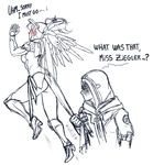  ana_(overwatch) anger_vein blush bodysuit clothes_grab comic english eyepatch facial_tattoo fleeing glaring high_ponytail hijab hood looking_at_another mechanical_halo mechanical_wings mercy_(overwatch) monochrome multiple_girls murasaki-yuri old_woman overwatch ponytail shaded_face simple_background sketch skirt skirt_tug spot_color sweat talking tattoo upper_body white_background wings 